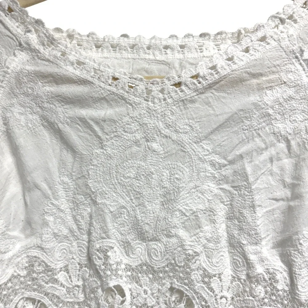 Free People Crochet Lace Embroidered White Blouse Boho Scalloped Tiered Medium